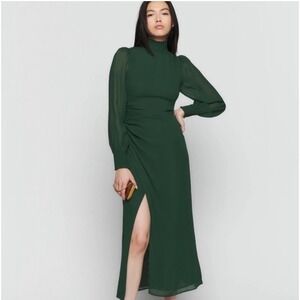 Reformation Aude‎ Forest Green Mock Neck Ruched Midi Dress Size 16